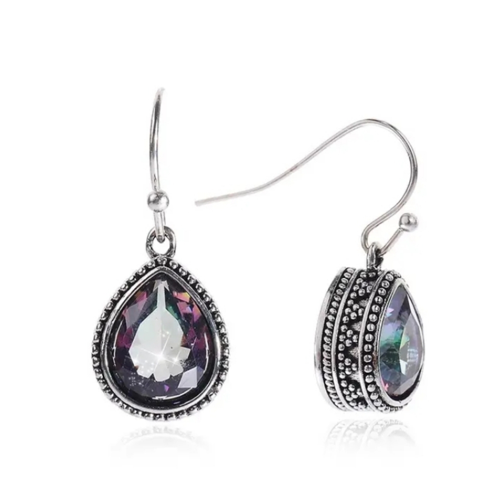🆕️925 Sterling Silver Stamp Teardrop Mystic Topaz Dangle Earrings - Silver NWOT